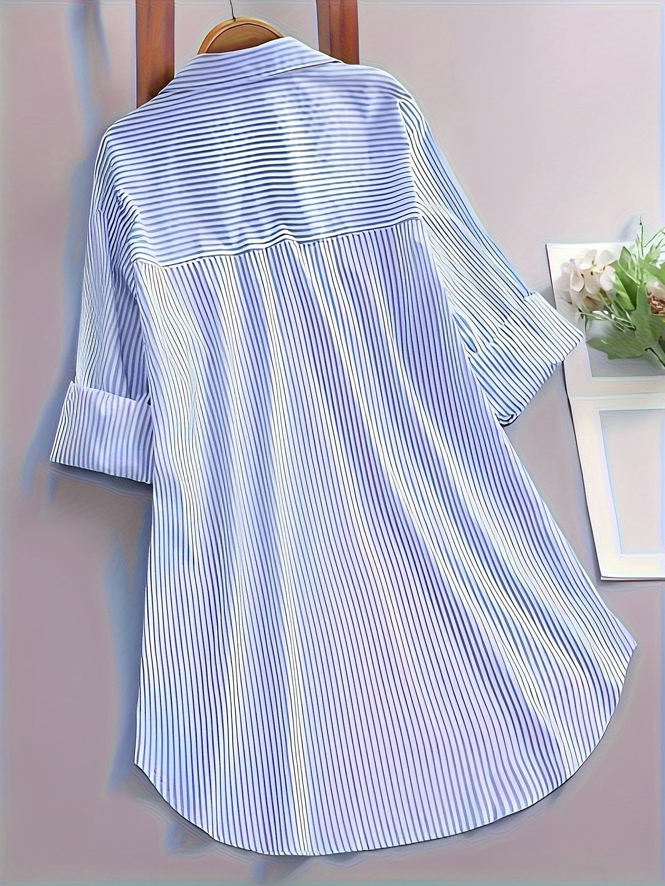 Dame langærmet skjortebluse med striber, afslappet elegant til kontor og hverdag