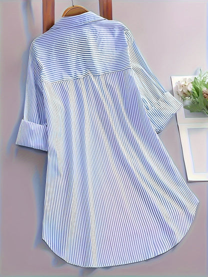 Dame langærmet skjortebluse med striber, afslappet elegant til kontor og hverdag