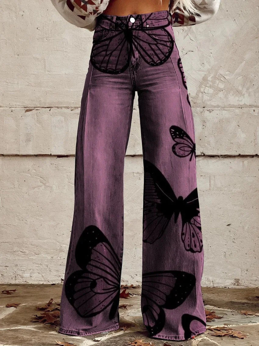 Jean large bohème pour femmes avec design artistique graphique et style vintage, idéal pour le streetwear et les festivals