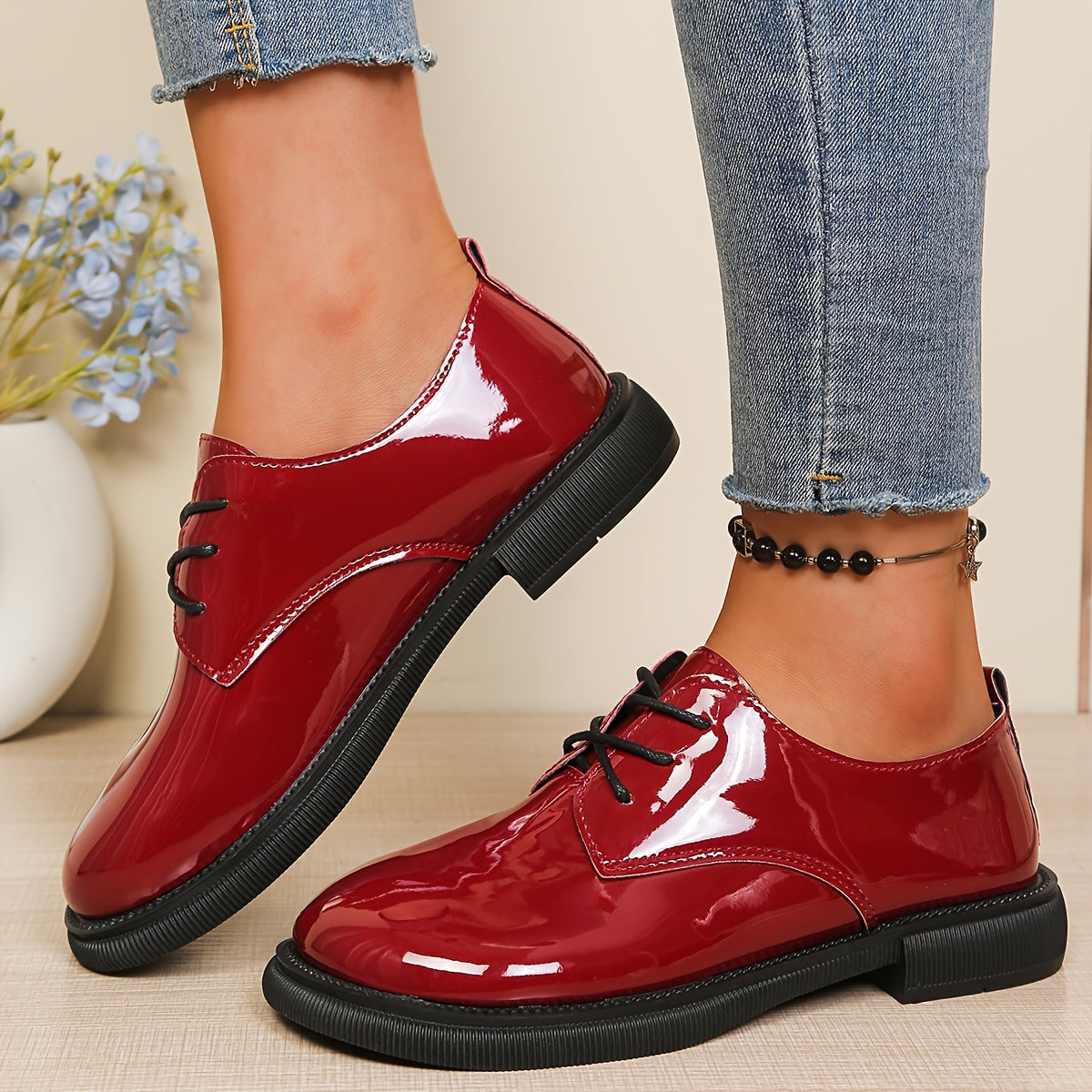 Damen Glanz-Schnürschuhe mit dicker Sohle Rot