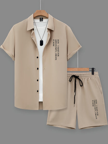 Set estivo casual uomo con stampa statement – Camicia a maniche corte & pantaloncini, streetwear urbano, outfit da tempo libero