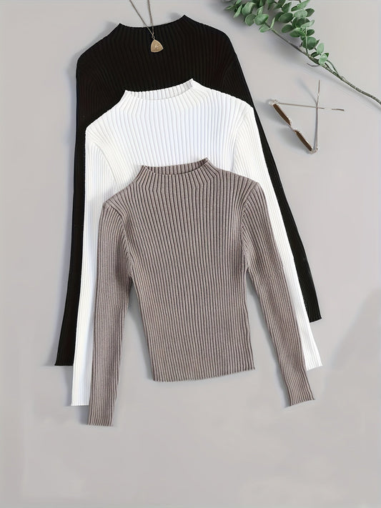 Gerippter Langarm Mock-Neck Pullover für Damen