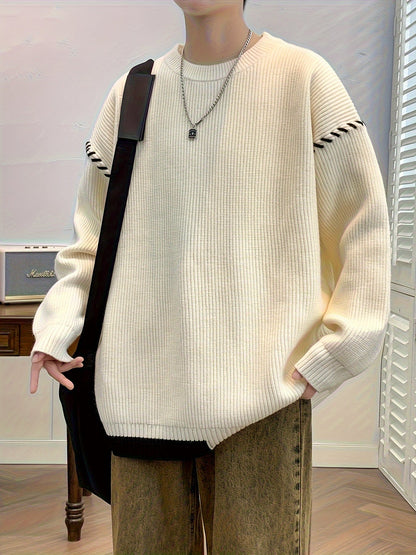 Unisex Strickpullover mit Rundhalsausschnitt und Kontraststreifen-Details, Langarm