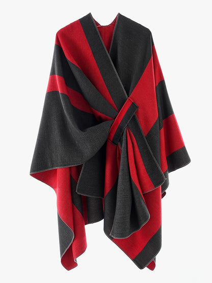 Damen Poncho Überwurf Decke Zweifarbig Gestreift Gemütlich