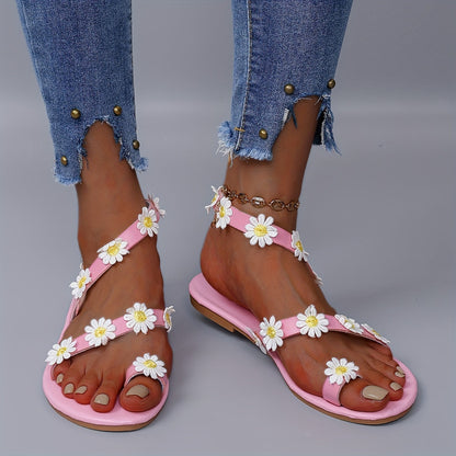 Sandales pour femmes avec motif floral – sandales d'été plates bohèmes, look floral ludique, à la mode pour les loisirs et les vacances