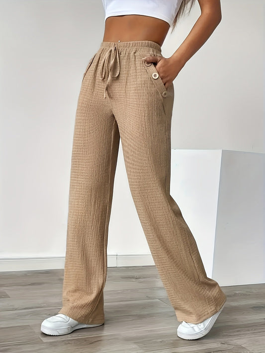 Dames rechte broek met knoopdetails en trekkoord – stijlvolle lounge- en dagelijkse kleding