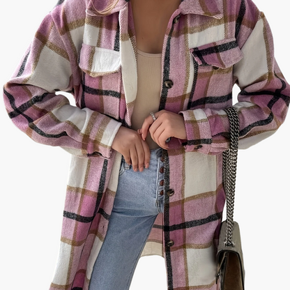 Camicia overshirt lunga da donna a quadri in stile casual per primavera e autunno