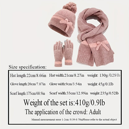 Gestricktes Winterset mit Mütze, Schal und Handschuhen, Pompon & Schleife, Beige