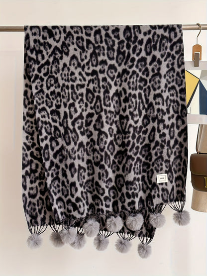 Schal mit Leopardenmuster und Pompons, weiches Material