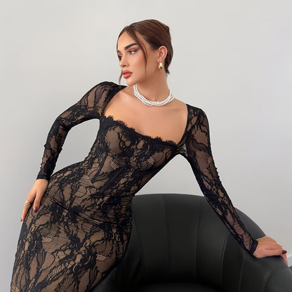 Robe de soirée élégante moulante pour femme avec dentelle et manches longues – Parfaite pour les occasions spéciales