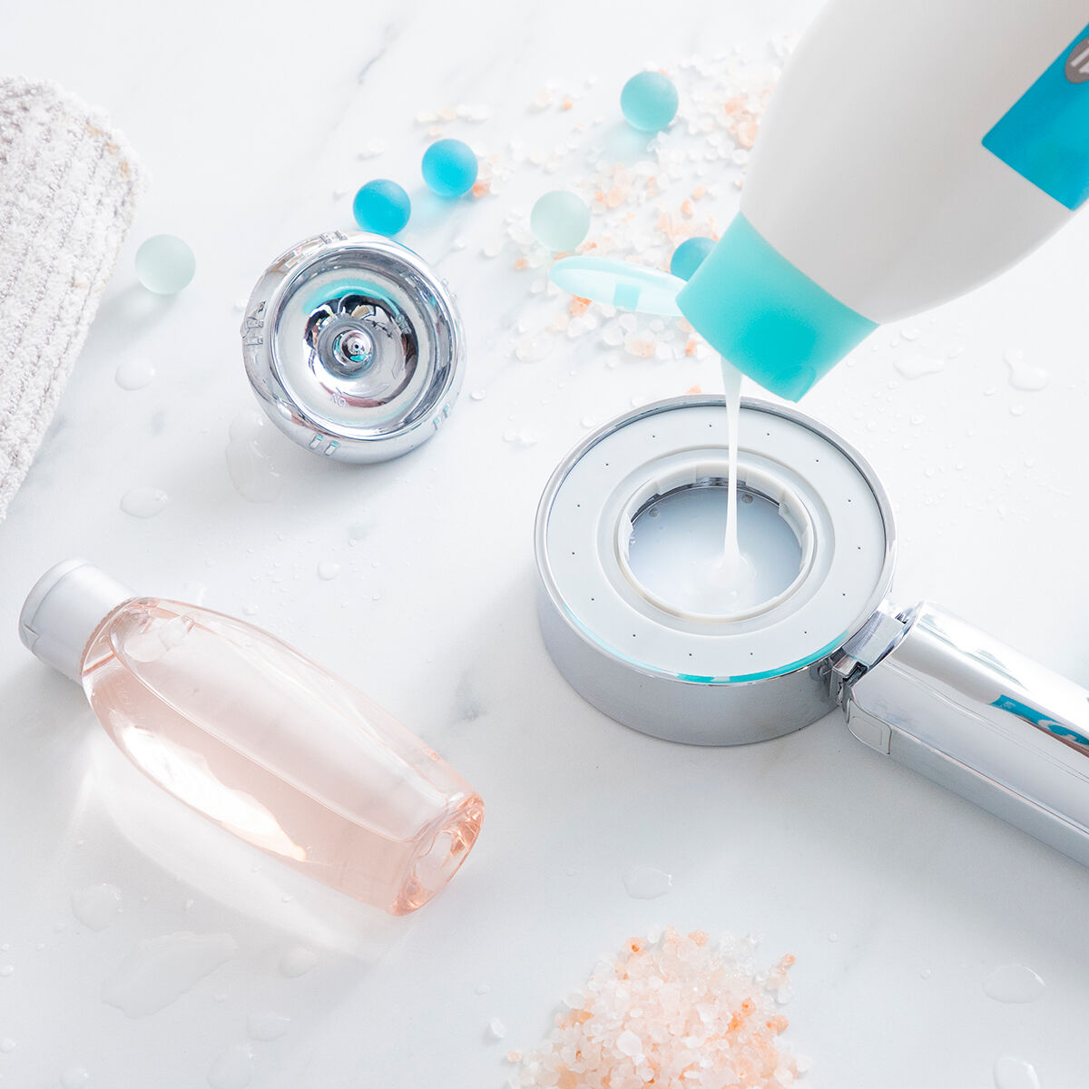 Dubbele douchekop met 3-in-1 dispenser, regen- en sproei-effect, ABS, zilverkleurig