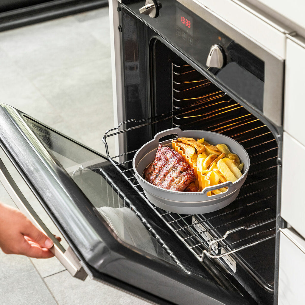 Opvouwbaar siliconen mandje voor airfryer met tussenschot, grijs/oranje