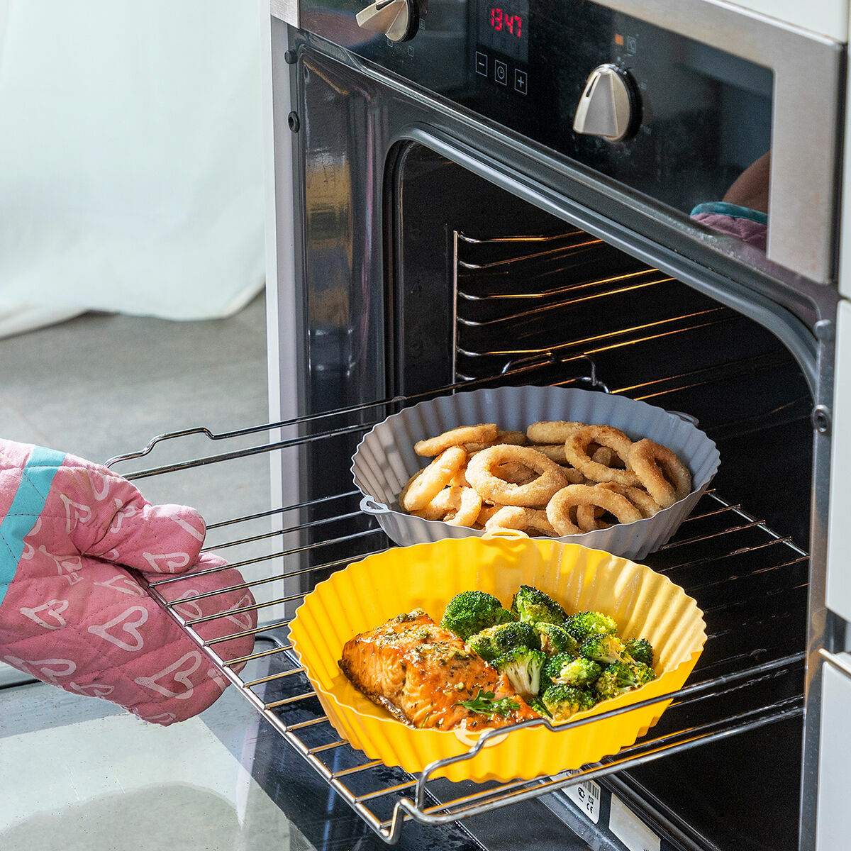 Siliconen airfryer mandjes met borstel, 2 stuks, antiaanbak, BPA-vrij