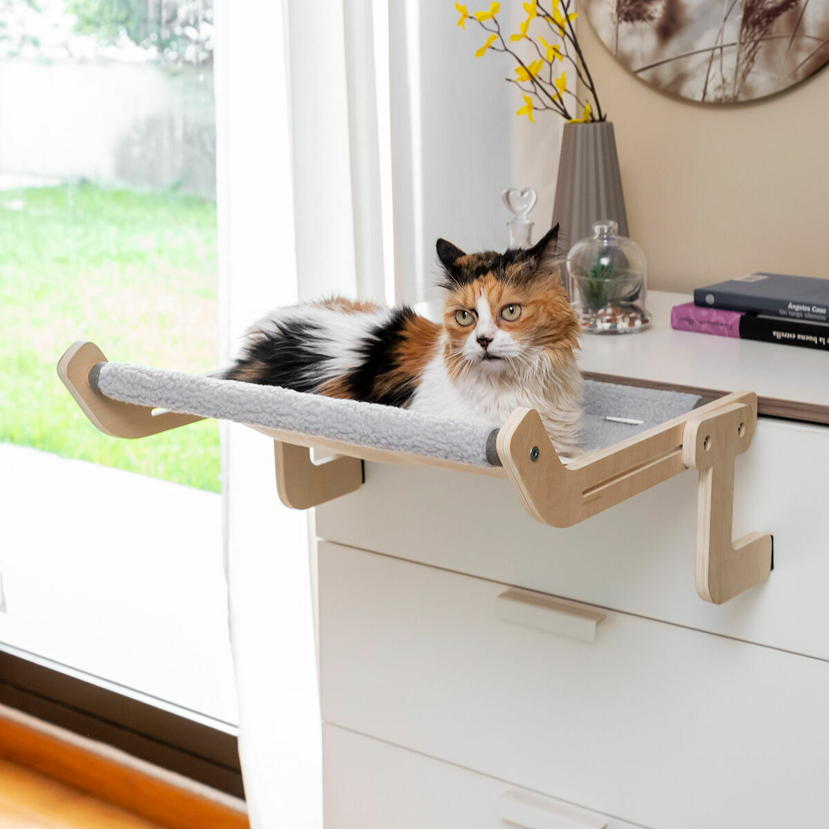 Kattenhangmat verstelbaar, hout-metalen frame, tot 20 kg, grijs/beige