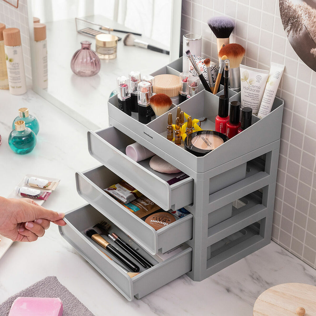 Make-up organizer met 3 lades en 9 vakken, polypropyleen, grijs