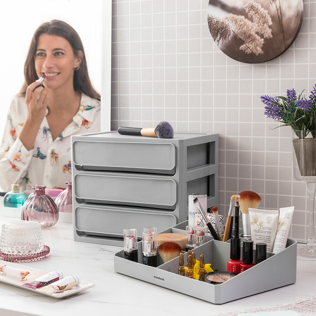 Make-up organizer met 3 lades en 9 vakken, polypropyleen, grijs