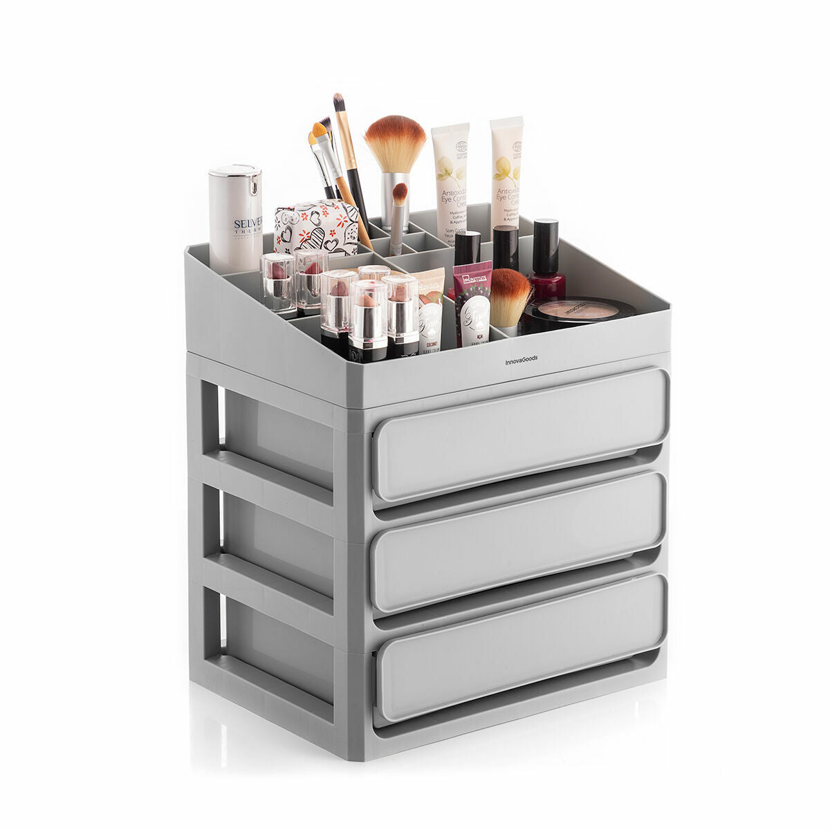 Make-up organizer met 3 lades en 9 vakken, polypropyleen, grijs