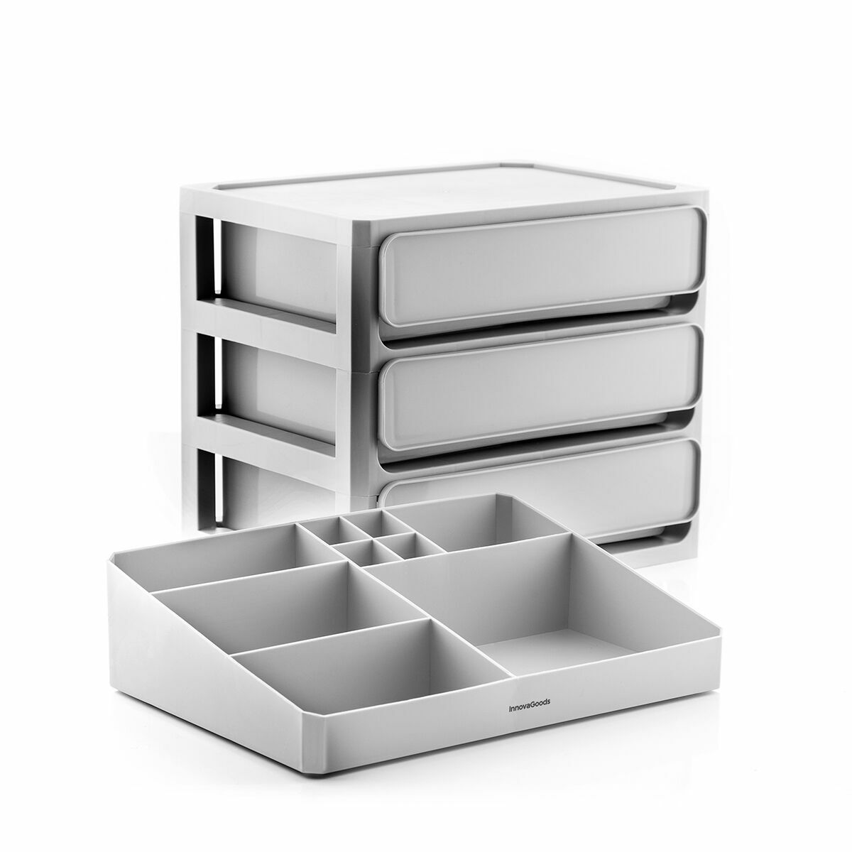 Make-up organizer met 3 lades en 9 vakken, polypropyleen, grijs