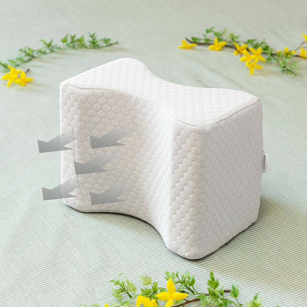 Beenkussen met bevestigingsband - vlindervormig kniekussen memory foam grijs