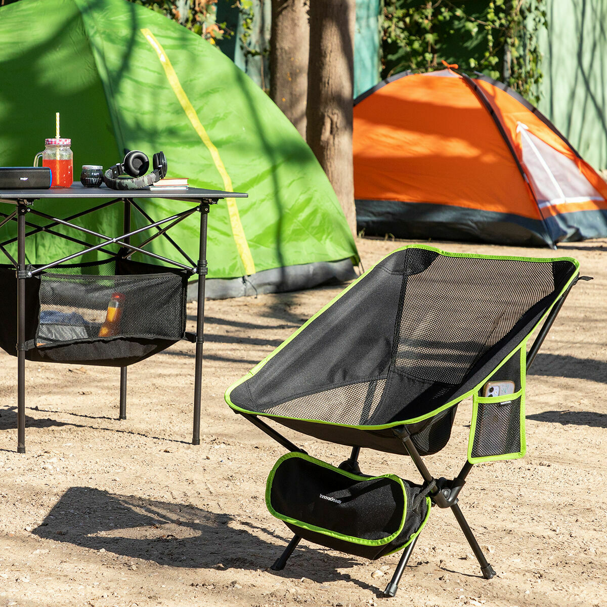 Inklapbare campingstoel met draagtas, ijzeren frame, zwart/groen