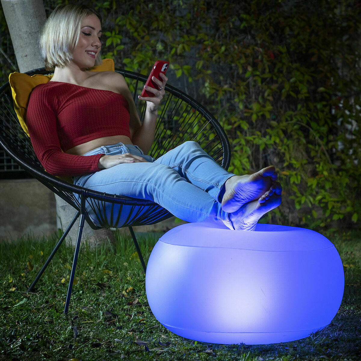 Set opblaasbare fauteuil en stoel met RGB LED-verlichting en afstandsbediening