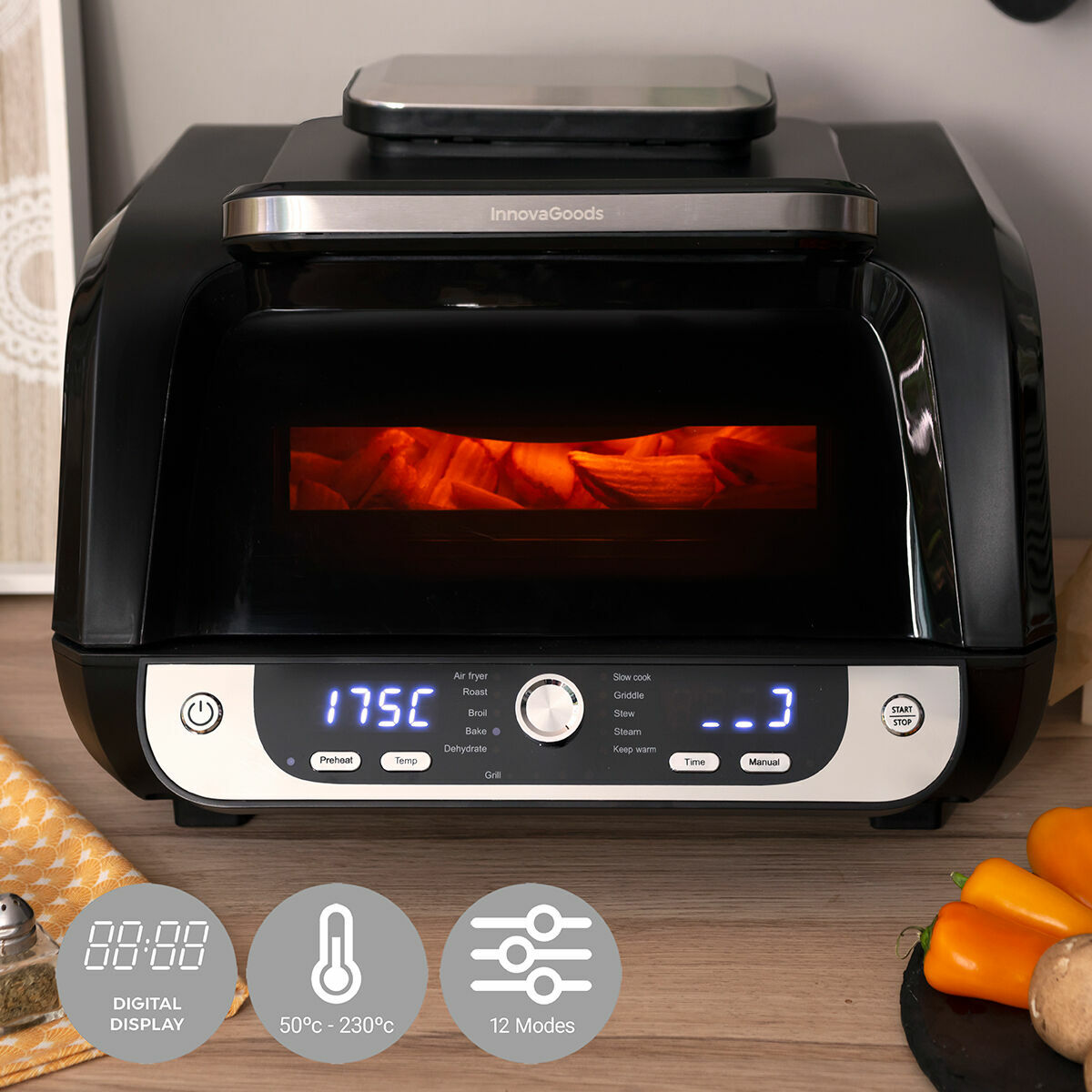 Airfryer 12-in-1 met grill, 6L, 3400W inclusief siliconen mandjes en receptenboek