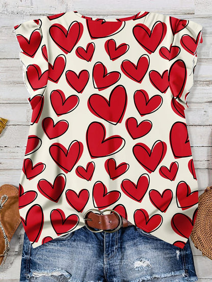 Blusa estiva da donna con motivo a cuore, scollo a V e abbottonatura, per tempo libero e uso quotidiano