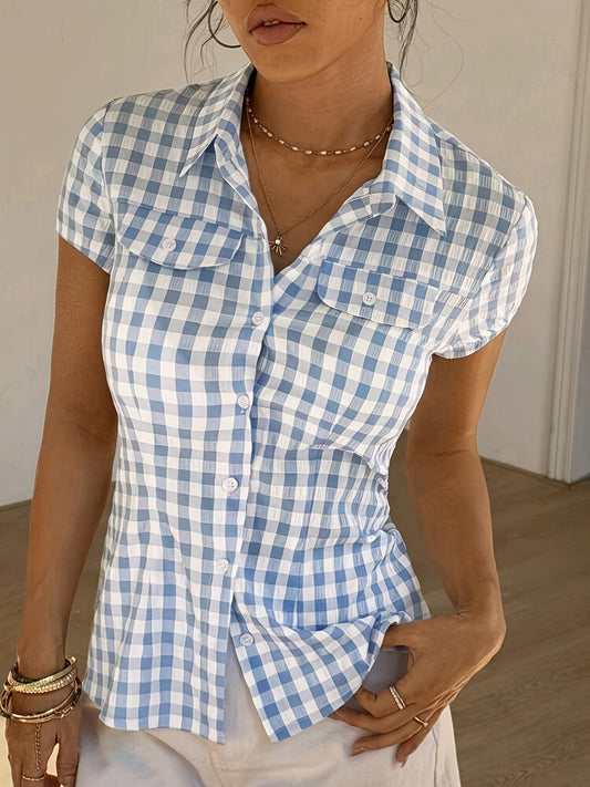 Dame kortermet rutete bluse – figurnær, casual stil, vår/sommer