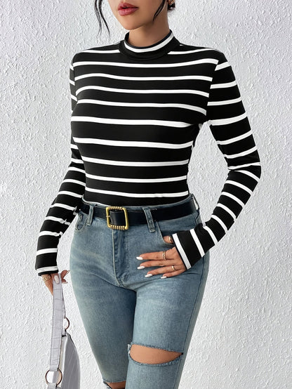 Damen Langarmshirt gestreift Rollkragen weiß-schwarz schmal geschnitten