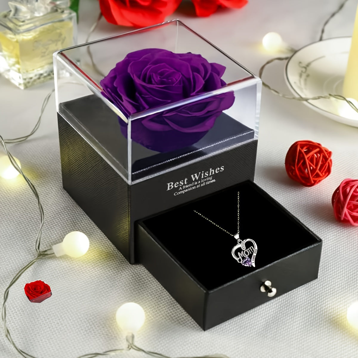 Damen Schmuckset Herz Halskette mit Anhänger 'Mom I Love You' und Geschenkbox mit Ewiger Rose – Elegantes Muttertagsgeschenk
