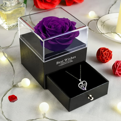 Damen Schmuckset Herz Halskette mit Anhänger 'Mom I Love You' und Geschenkbox mit Ewiger Rose – Elegantes Muttertagsgeschenk