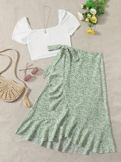 Conjunto de dos piezas para mujer – Look veraniego y coqueto con blusa y falda cruzada con estampado floral, ideal para tiempo libre y vacaciones