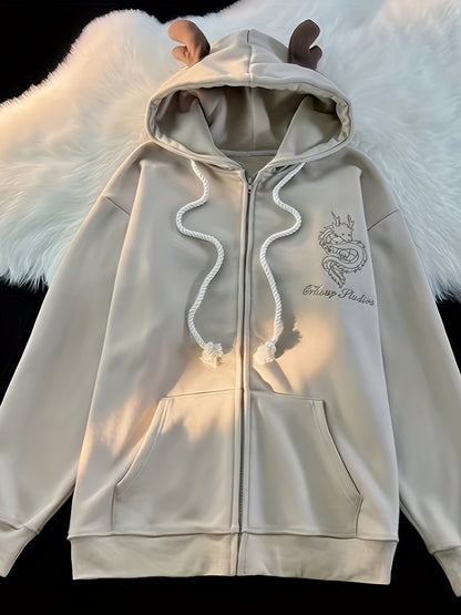 Uniseks hoodie met ritssluiting en capuchon, drakenborduursel en rendiergeweiën