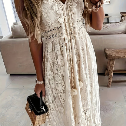 Dam Boho maxiklänning med spets och volanger – Elegant sommarklänning för semester och trädgårdsfester