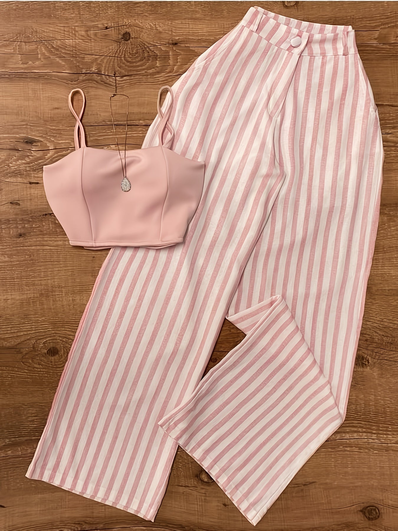 Conjunto de dos piezas para mujer – Pantalón de talle alto a rayas y top ajustado, look veraniego elegante para ocio y eventos
