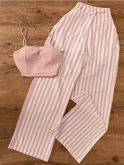 Conjunto de dos piezas para mujer – Pantalón de talle alto a rayas y top ajustado, look veraniego elegante para ocio y eventos