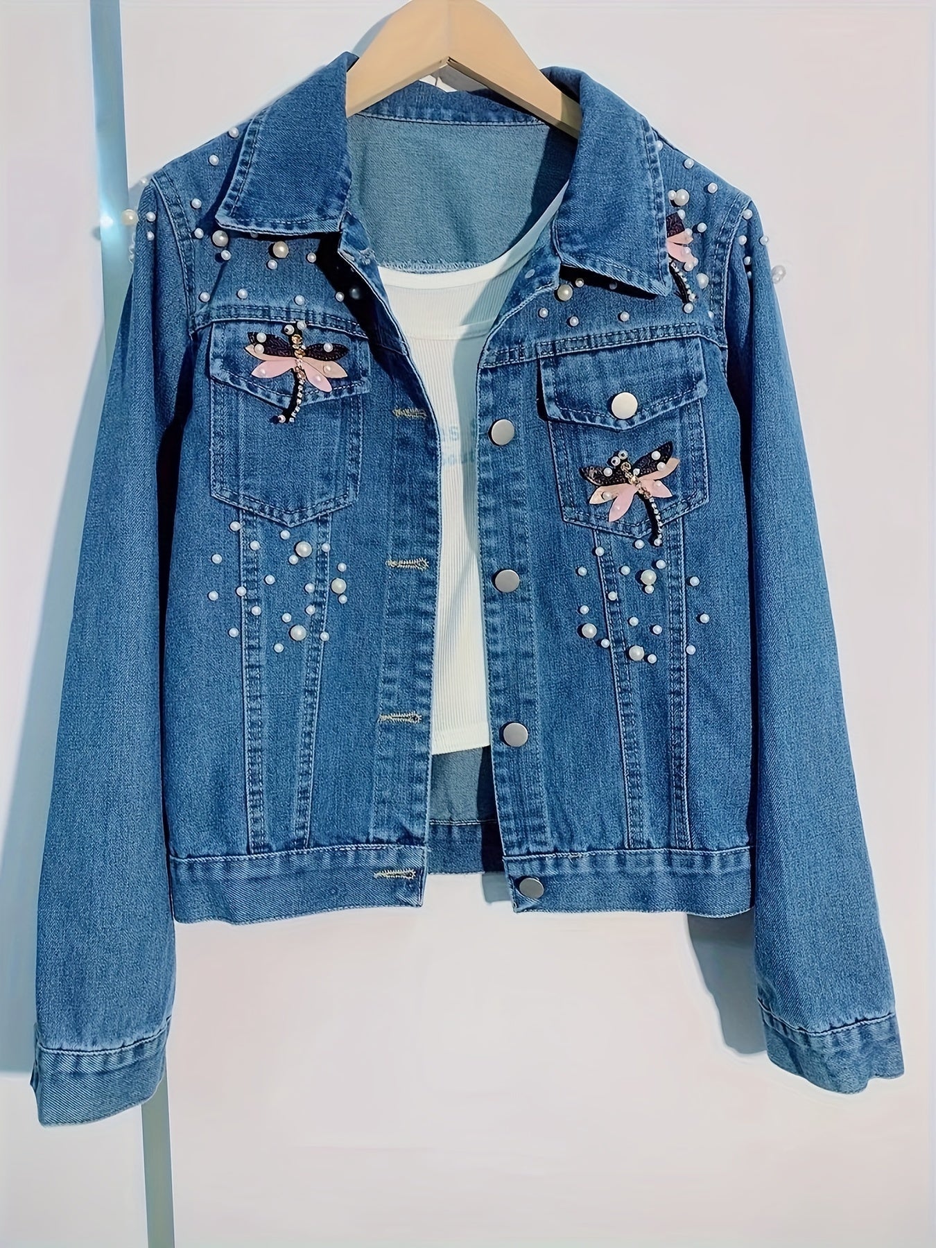 Jeansjacke Damen Blau mit Perlen und Stickerei