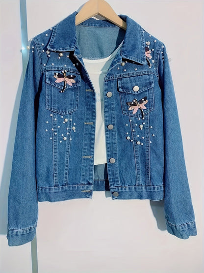 Jeansjacke Damen Blau mit Perlen und Stickerei