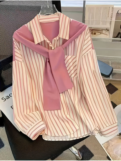 Camisa de rayas para mujer con cuello anudado en rosa