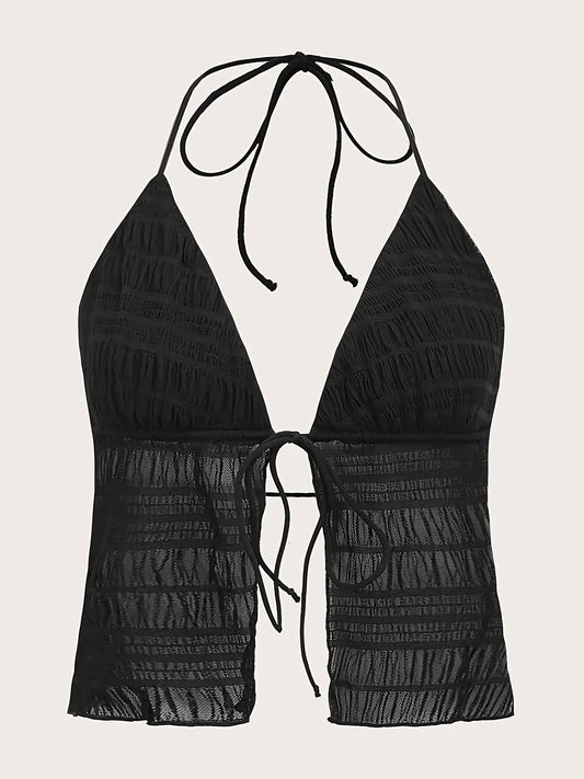 Dames haltercrop top met plooien en veterdetail – modieuze party- en zomeroutfit