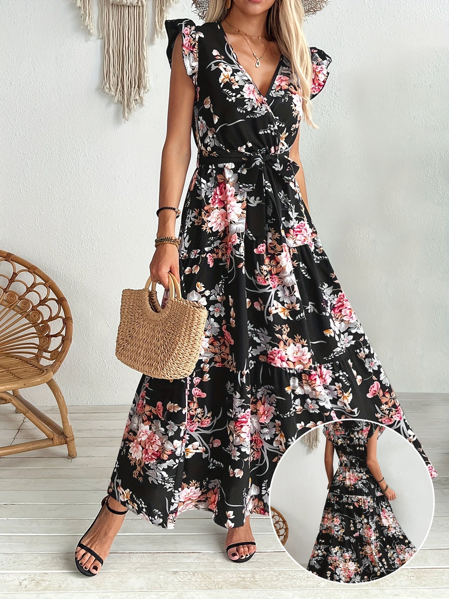 Damen Maxikleid im Boho-Stil mit Blumenmuster und Taillengürtel – Perfekt für Urlaub & Sommer