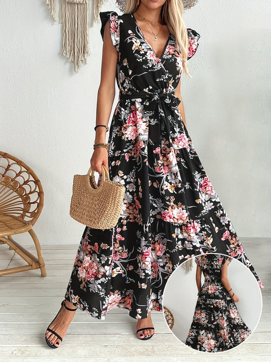 Dames maxijurk in boho-stijl met bloemenpatroon en tailleceintuur – Perfect voor vakantie & zomer