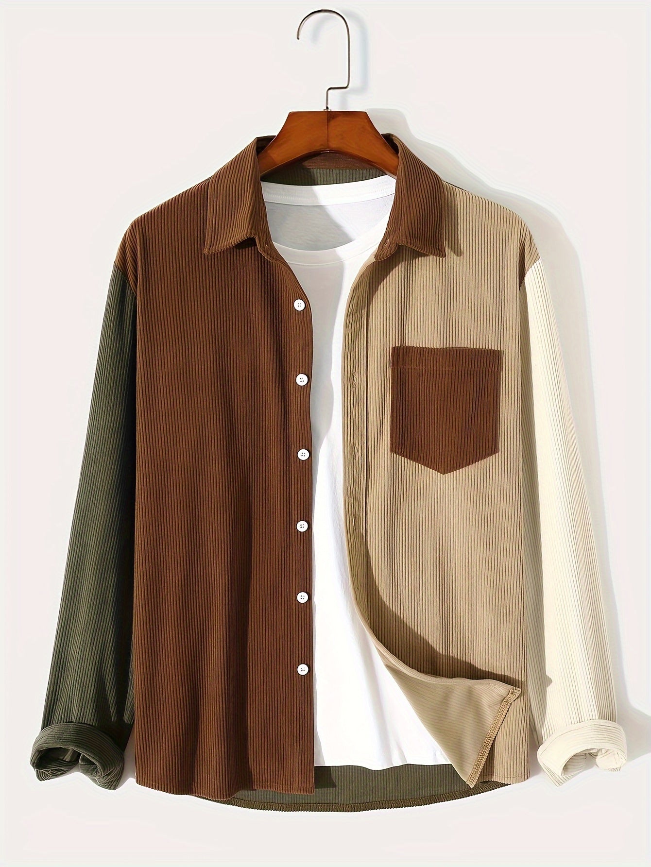 Heren patchworkcorduroy overhemd met lange mouwen, overshirt, bruin beige olijfgroen