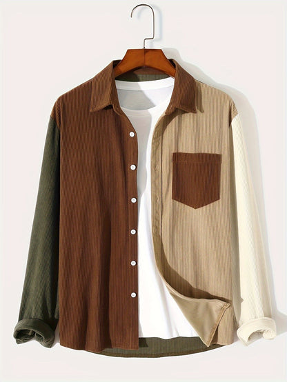 Heren patchworkcorduroy overhemd met lange mouwen, overshirt, bruin beige olijfgroen