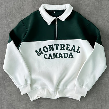 Unisex Color Block Sweatshirt mit Reißverschluss-Polo-Kragen und Montreal Canada Aufdruck