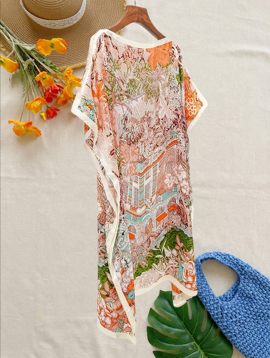 Dames Boho strandponcho met asymmetrische snit en bloemmotief – Perfect voor vakantie en vrije tijd