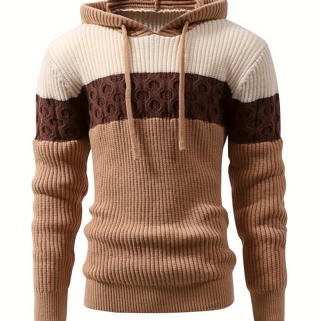 Strikpullover med hætte til mænd, blokstriber, brun og beige