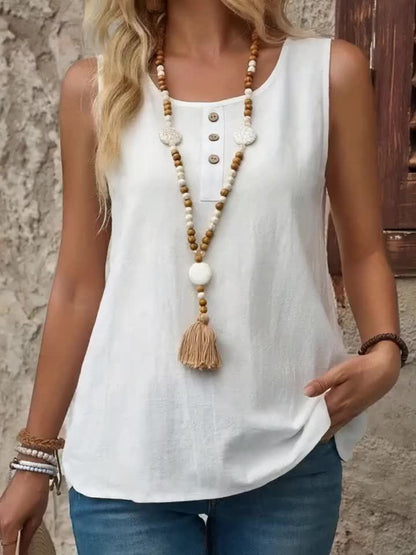 Top Henley sans manches décontracté pour femme avec patte de boutonnage, idéal pour le quotidien et l'été