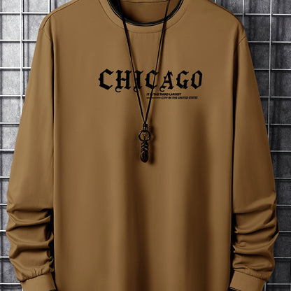 Herren Langarmshirt mit Chicago-Schriftzug und Rippbündchen, Rundhalsausschnitt