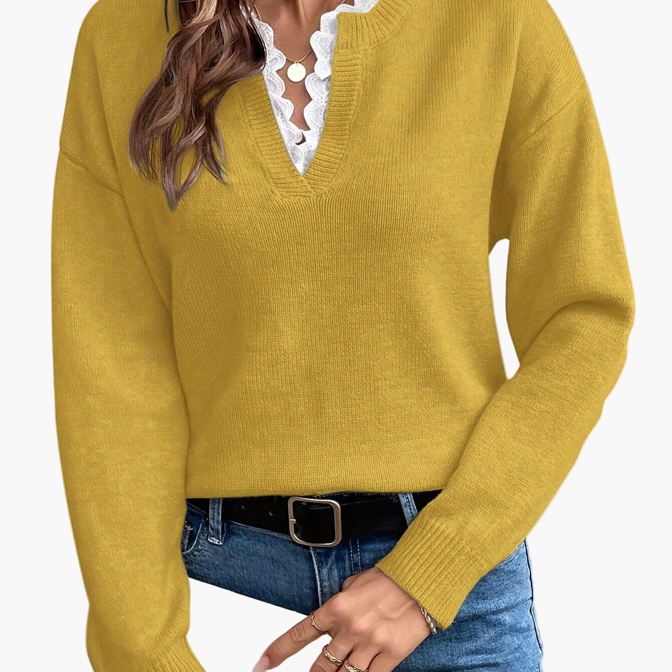 Dames elegante trui met V-hals en ruches kraag – Perfect voor dagelijks gebruik & kantoor